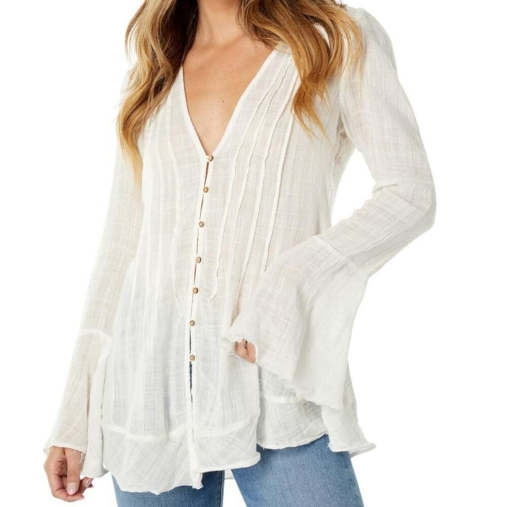 Free People Greta Gauze Raw Hem Cottage White Button Down Blouse XS